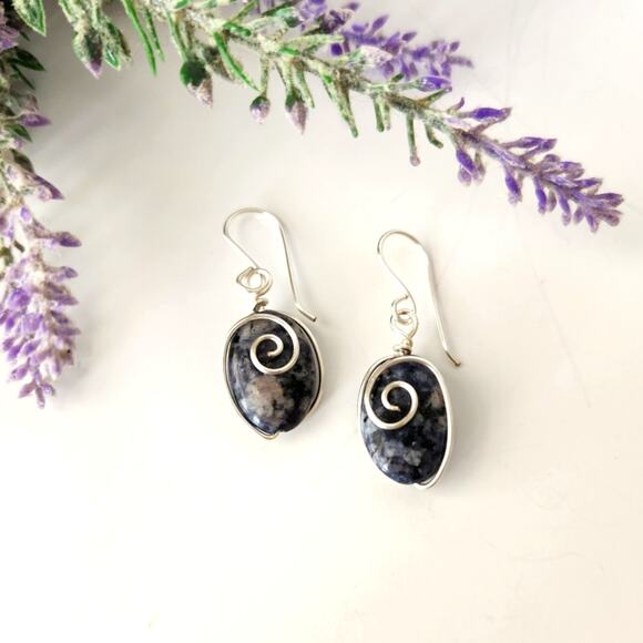 Blue Sodalite Stone Wire-wrapped Dangle Earrings / Minimalist Stone Earrings - Picture 1 of 11